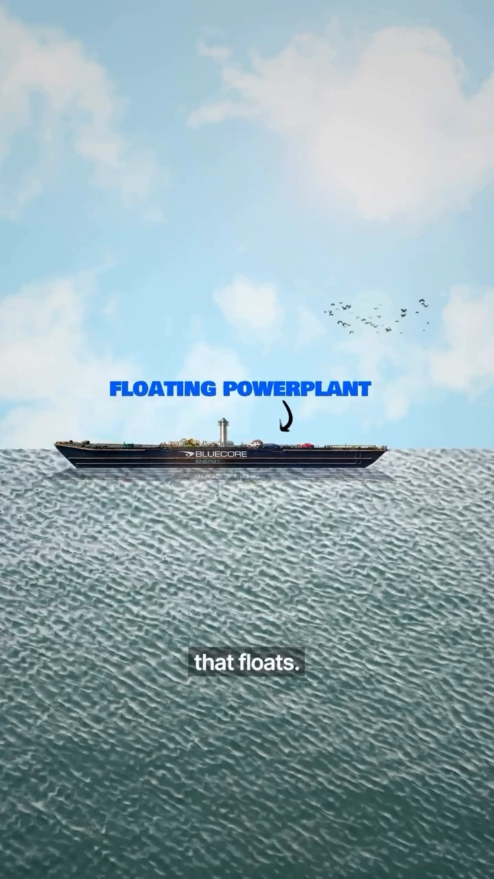 A Bluecore-branded ship on water beneath the words Floating Powerplant.